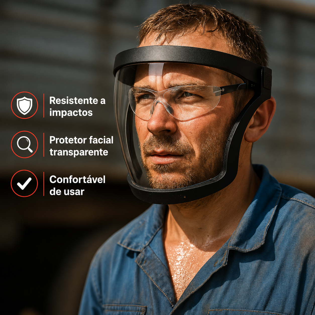 🛡️ A viseira protege o rosto, os olhos e as vias respiratórias durante o trabalho