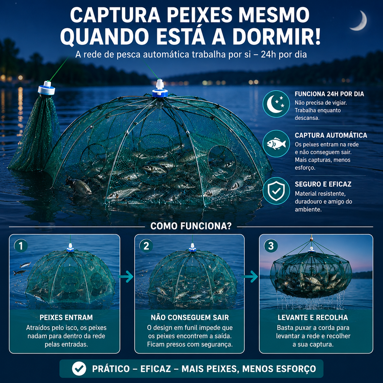 🐟 Rede de Pesca Dobrável 96 cm | Apanha Peixes Enquanto Dorme
