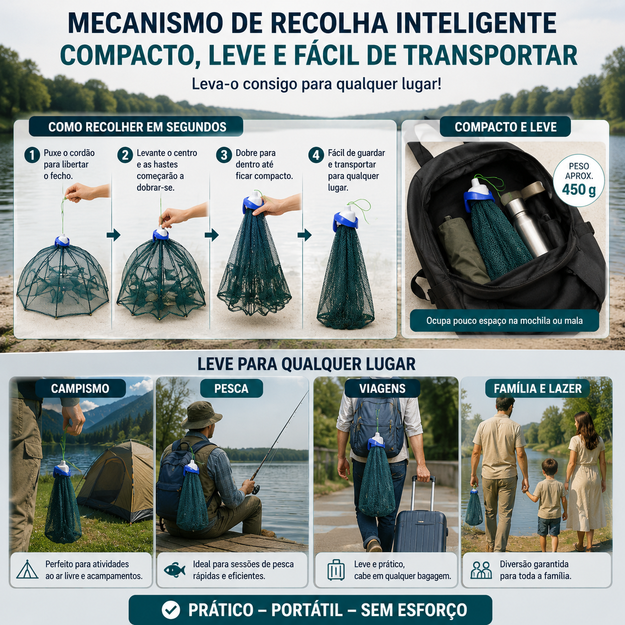 🐟 Rede de Pesca Dobrável 96 cm | Apanha Peixes Enquanto Dorme