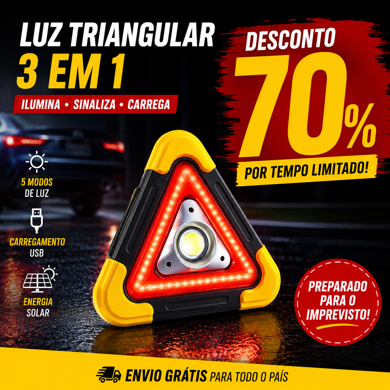 🚨 (SUPER OFERTA) Triângulo De Emergência Para Automóvel Com Luz LED Integrada