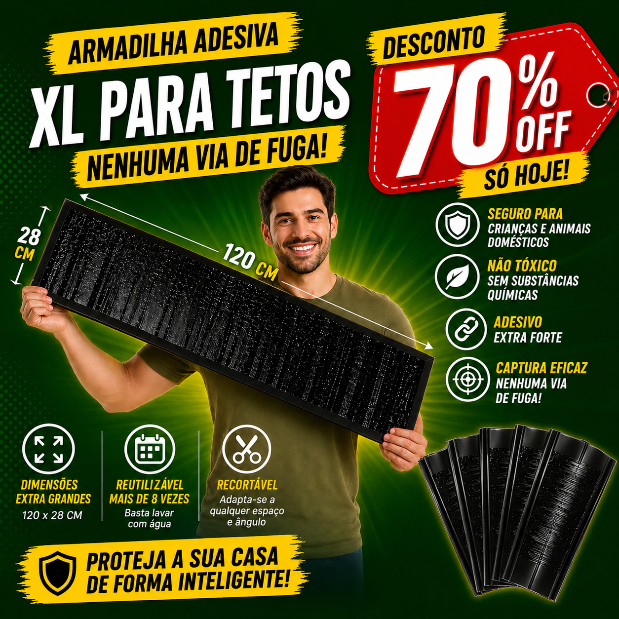 🐁 Armadilhas Adesivas Profissionais – Extra Grandes para Capturar Mais Rápido (1,2M x 28cm)