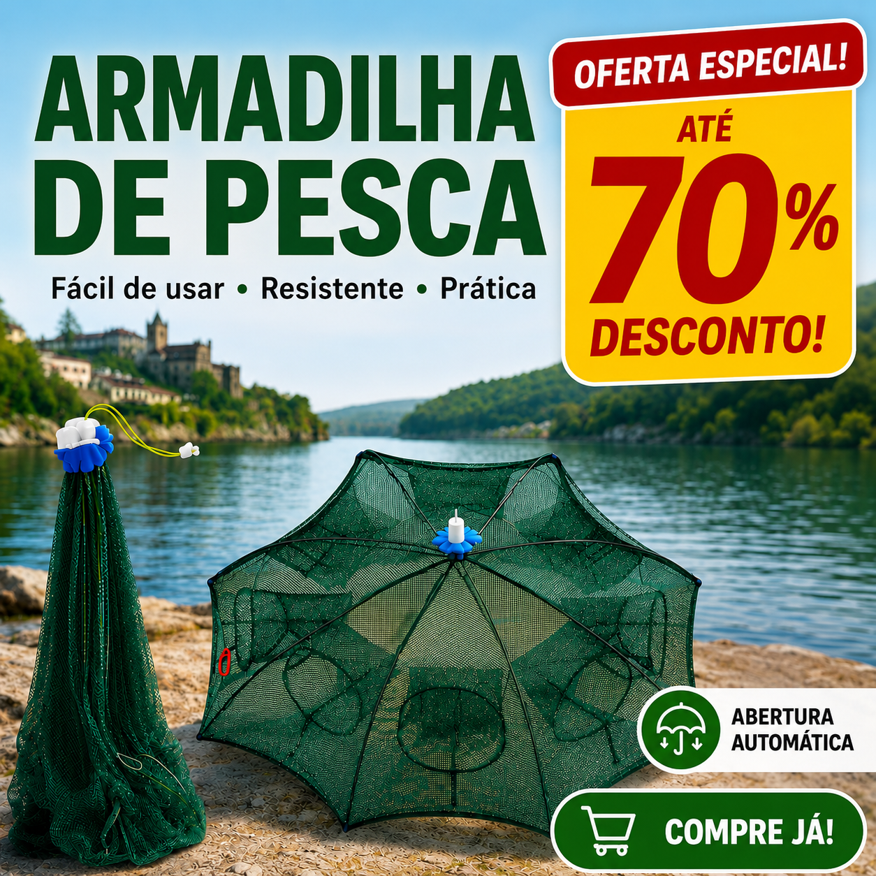 🐟 Rede de Pesca Dobrável 96 cm | Apanha Peixes Enquanto Dorme