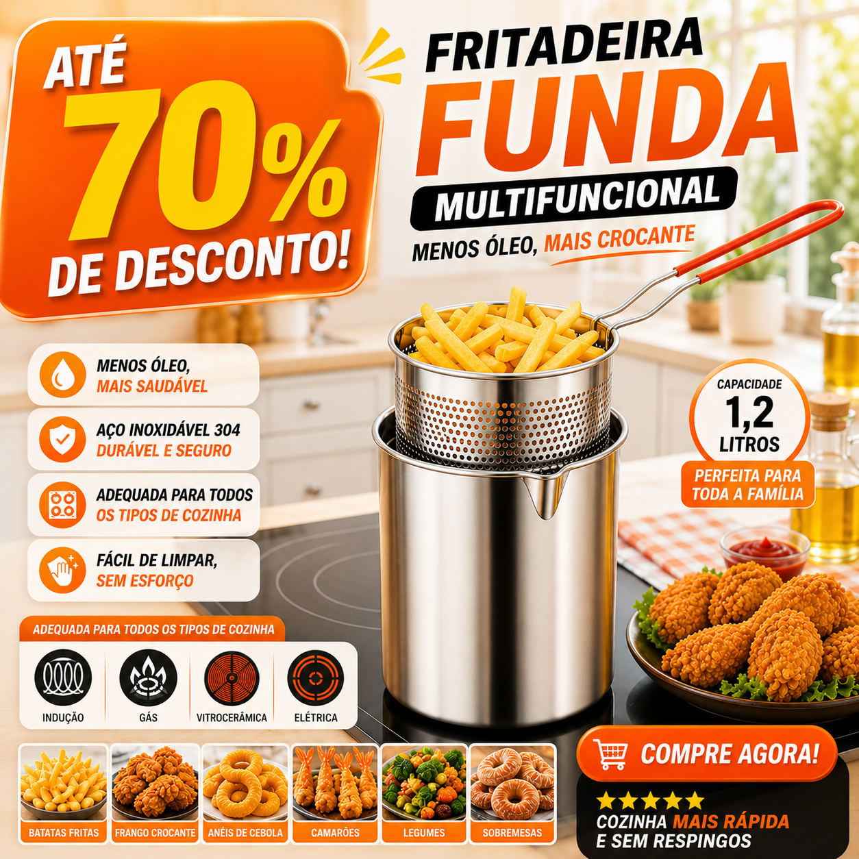 🔥 Panela Fritadeira De 1.2L Em Aço Inoxidável 304 Alemão, Compatível Também Com Fogões De Infravermelhos