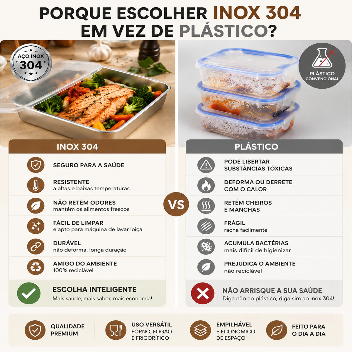 🥗 Recipiente em aço inoxidável 304 para alimentos (25 x 20 x 6 cm)