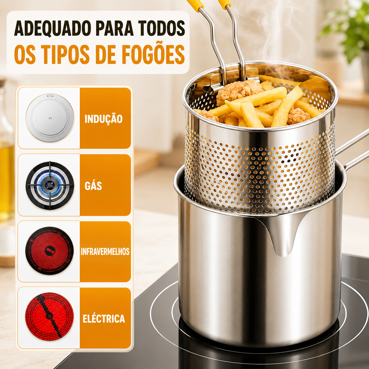 🇵🇹 Panela Fritadeira De 1.2L Em Aço Inoxidável 304 Alemão, Compatível Também Com Fogões De Infravermelhos