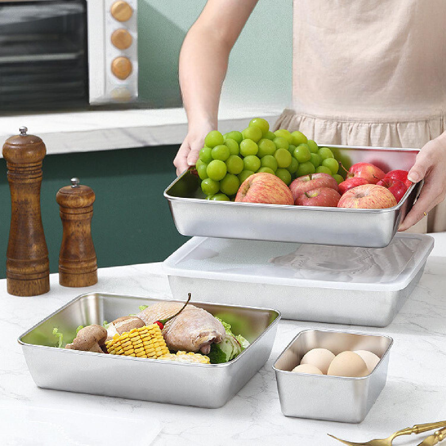 Tabuleiro grande com tampa em aço inoxidável para guardar alimentos (2000ml)