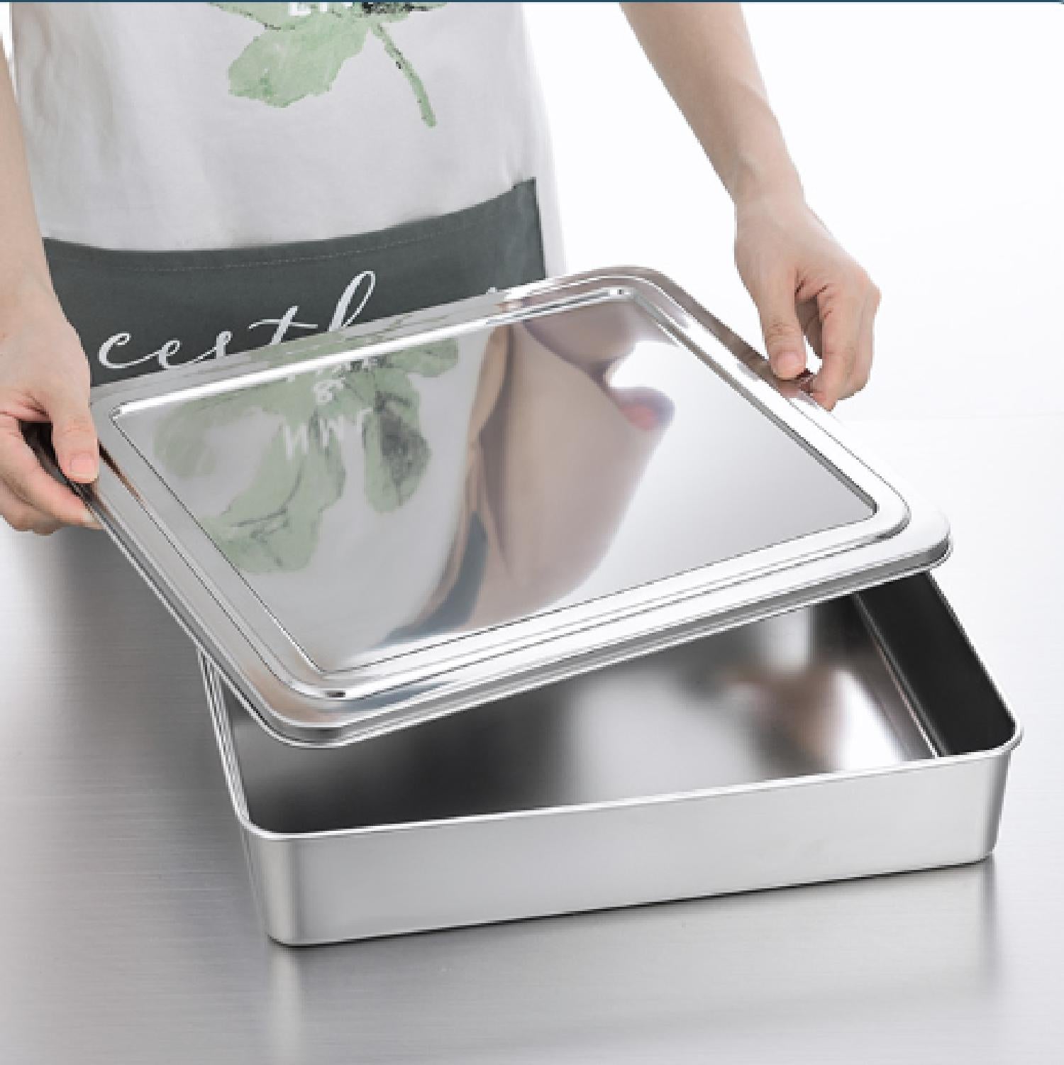 Tabuleiro grande com tampa em aço inoxidável para guardar alimentos (2000ml)