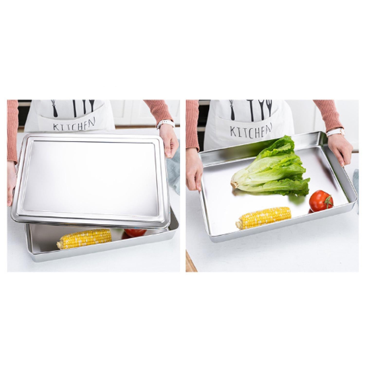 Tabuleiro grande com tampa em aço inoxidável para guardar alimentos (2000ml)