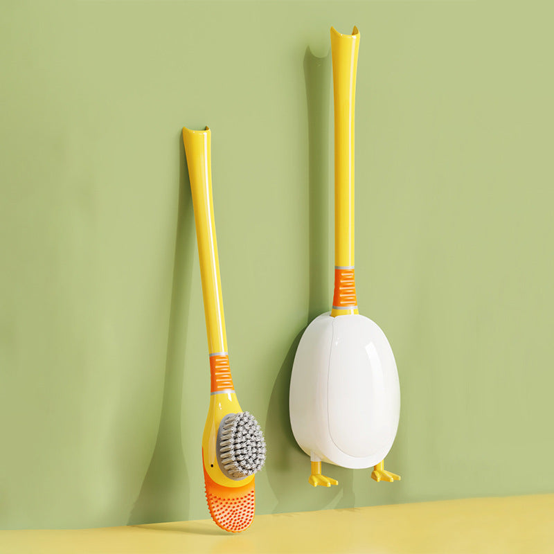 Conjunto de escova de banheiro com cabo longo em forma de pato, com suporte de parede sem necessidade de perfuração (LTT)
