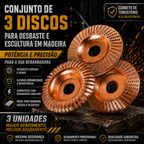 Conjunto 3 Discos de Escultura em Madeira para Rebarbadora – Aço Carbono | Plano, Curvo, Chanfrado