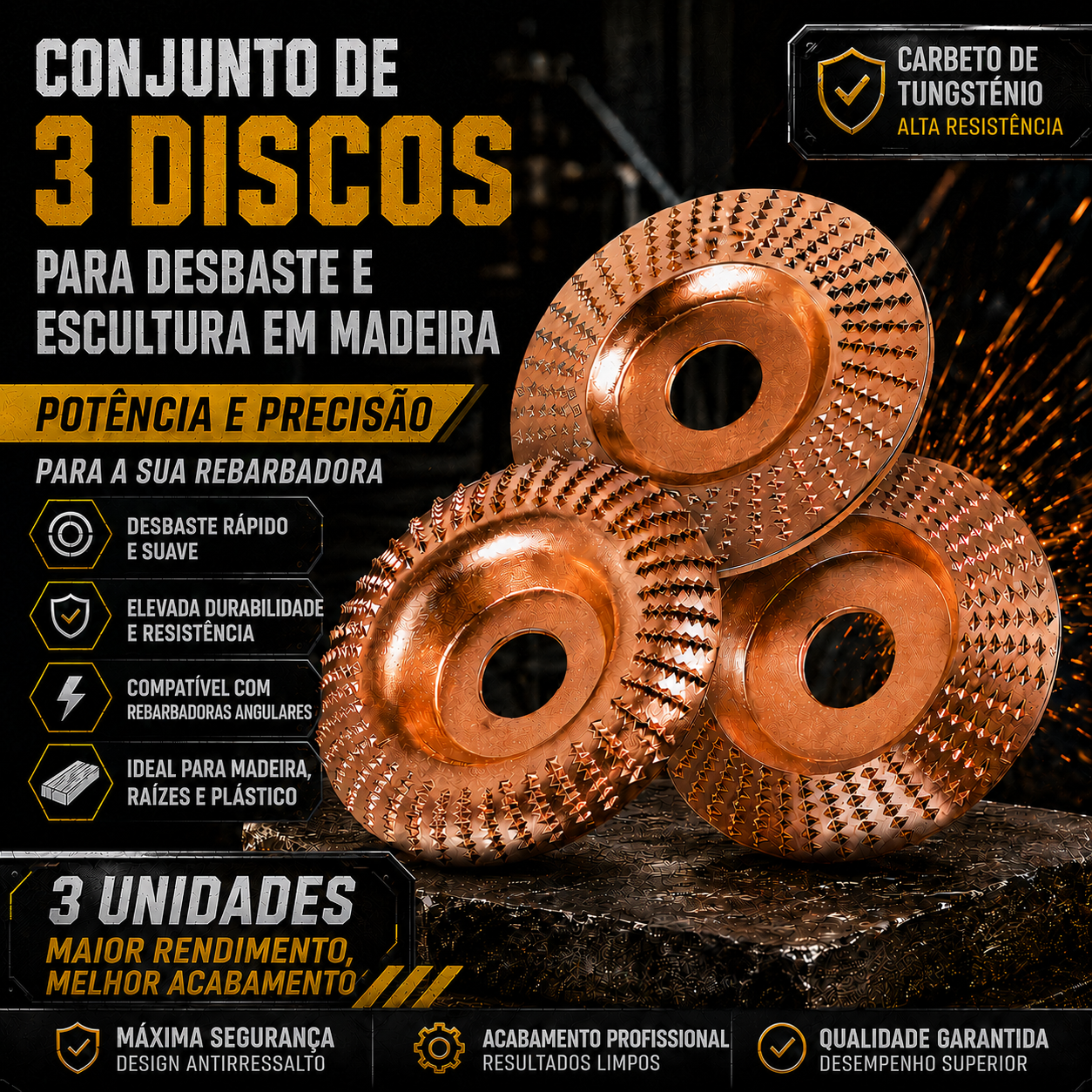 Conjunto 3 Discos de Escultura em Madeira para Rebarbadora – Aço Carbono | Plano, Curvo, Chanfrado