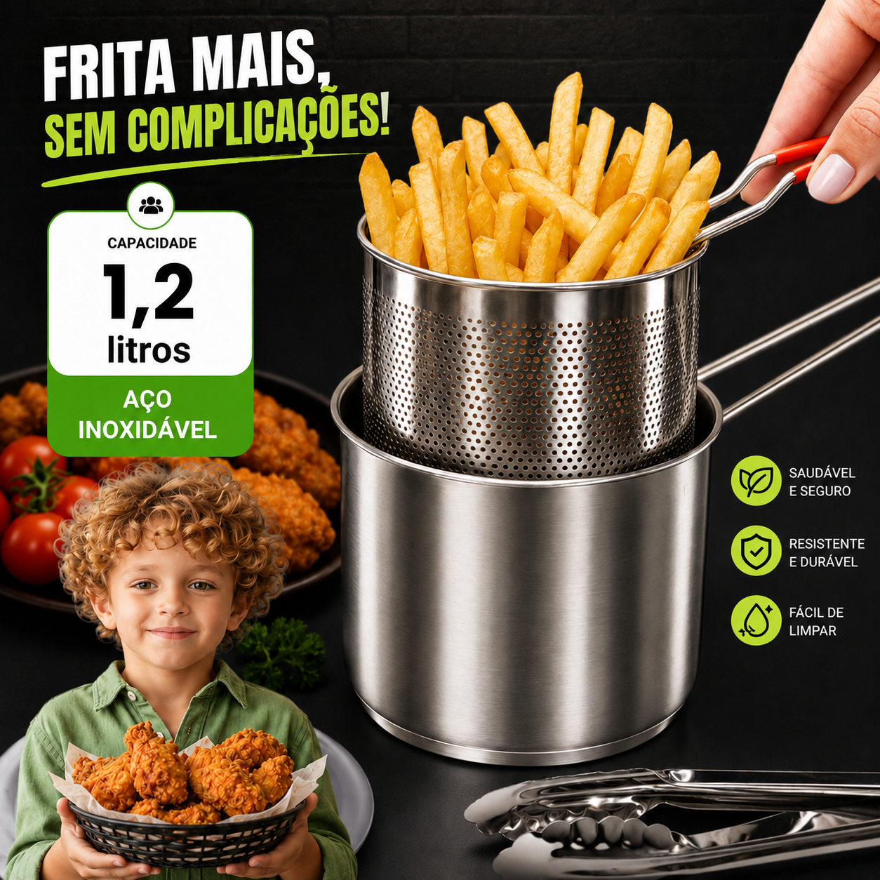Fritadeira em aço inoxidável 1,2L — anti-salpicos, aquecimento rápido