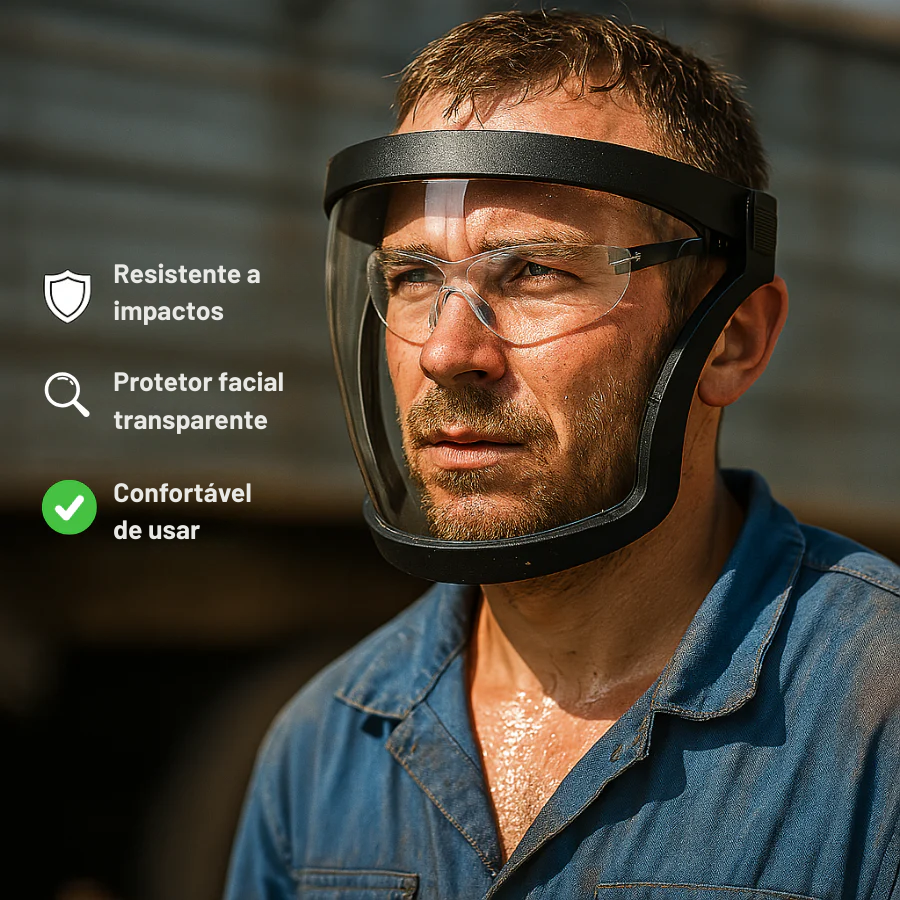 A viseira protege o rosto, os olhos e as vias respiratórias durante o trabalho