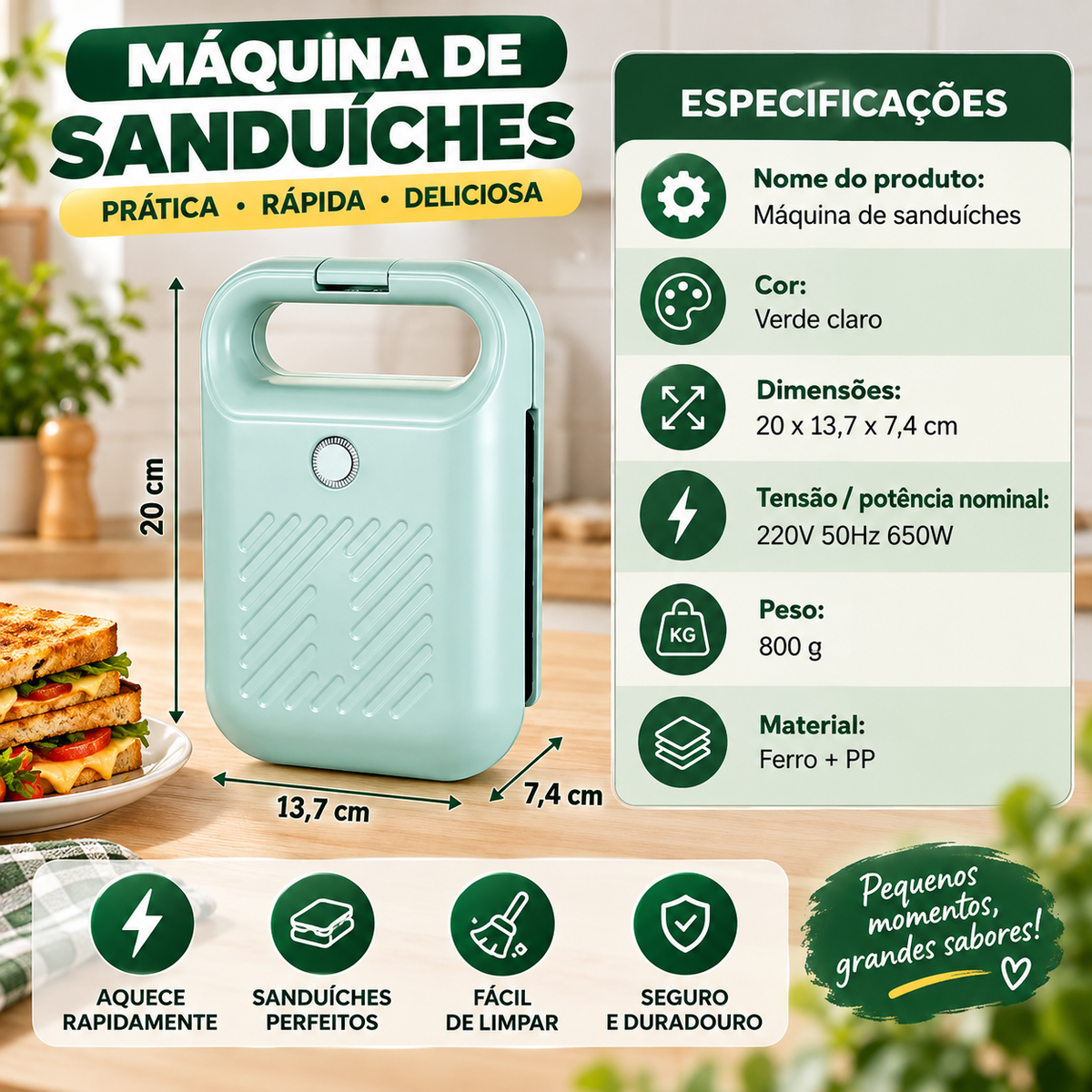 [🎁70% DE DESCONTO] Máquina de fazer sanduíches compacta e antiaderente, com uma potência de 650 W