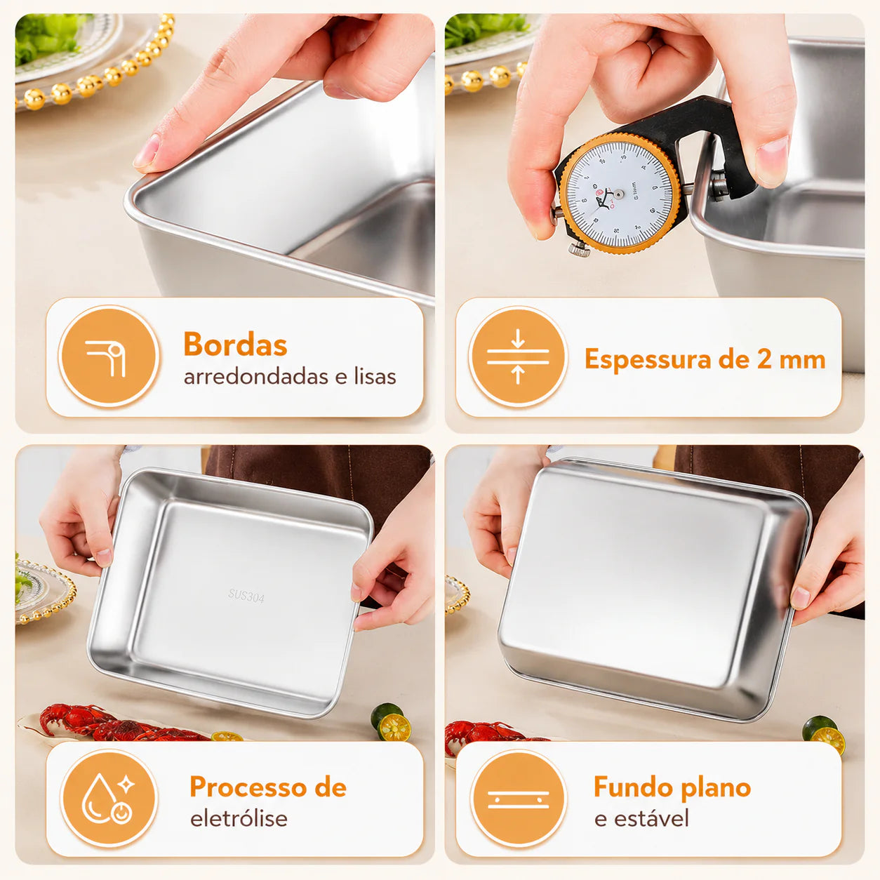 🥗 Recipiente em aço inoxidável 304 para alimentos (25 x 20 x 6 cm)