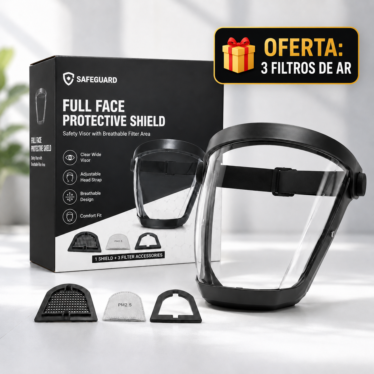 A viseira protege o rosto, os olhos e as vias respiratórias durante o trabalho