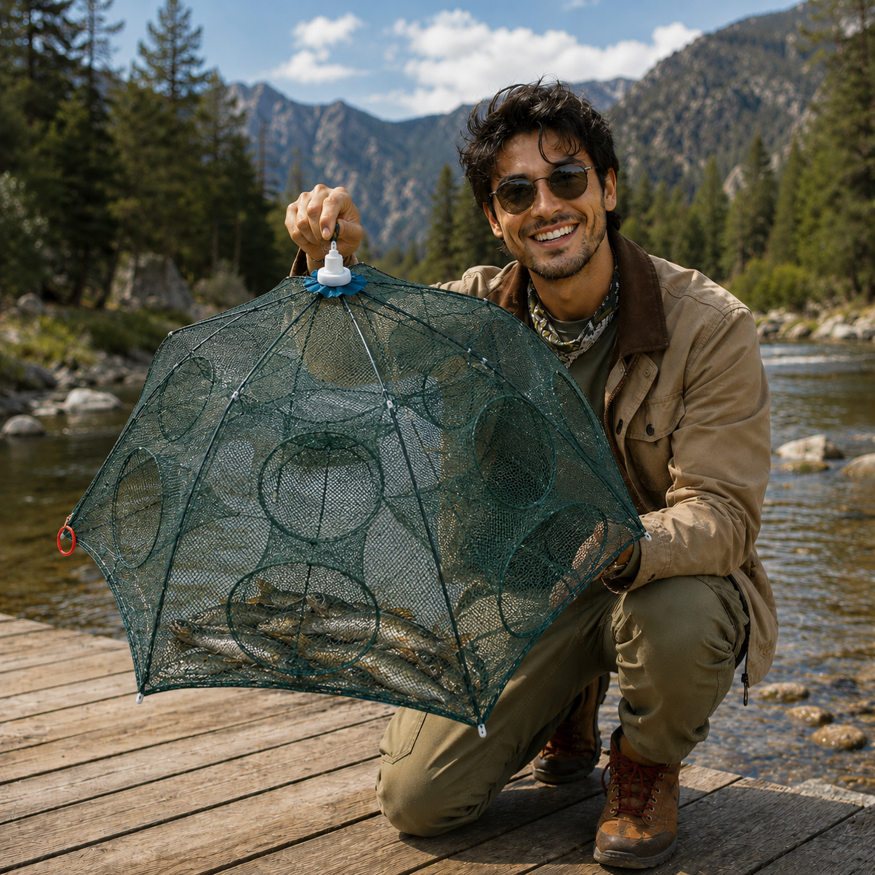 ✨Rede armadilha de pesca dobrável 96 cm | 16 entradas | Água doce