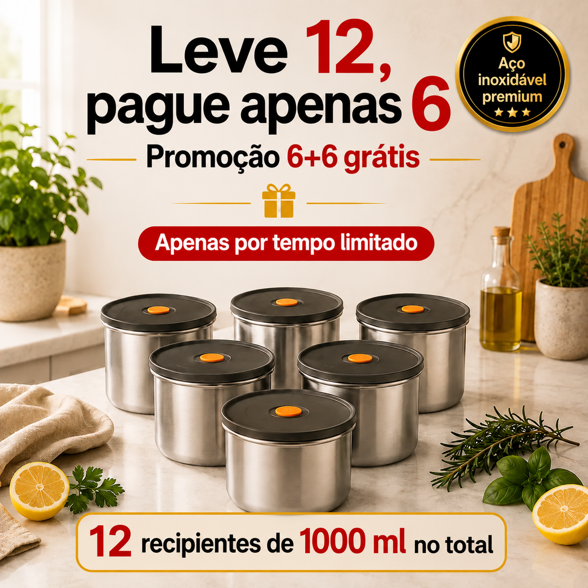 🎁 Leva 12, Paga 6 | Recipiente Redondo em Aço Inoxidável com Tampa de Vácuo – 1000 ml