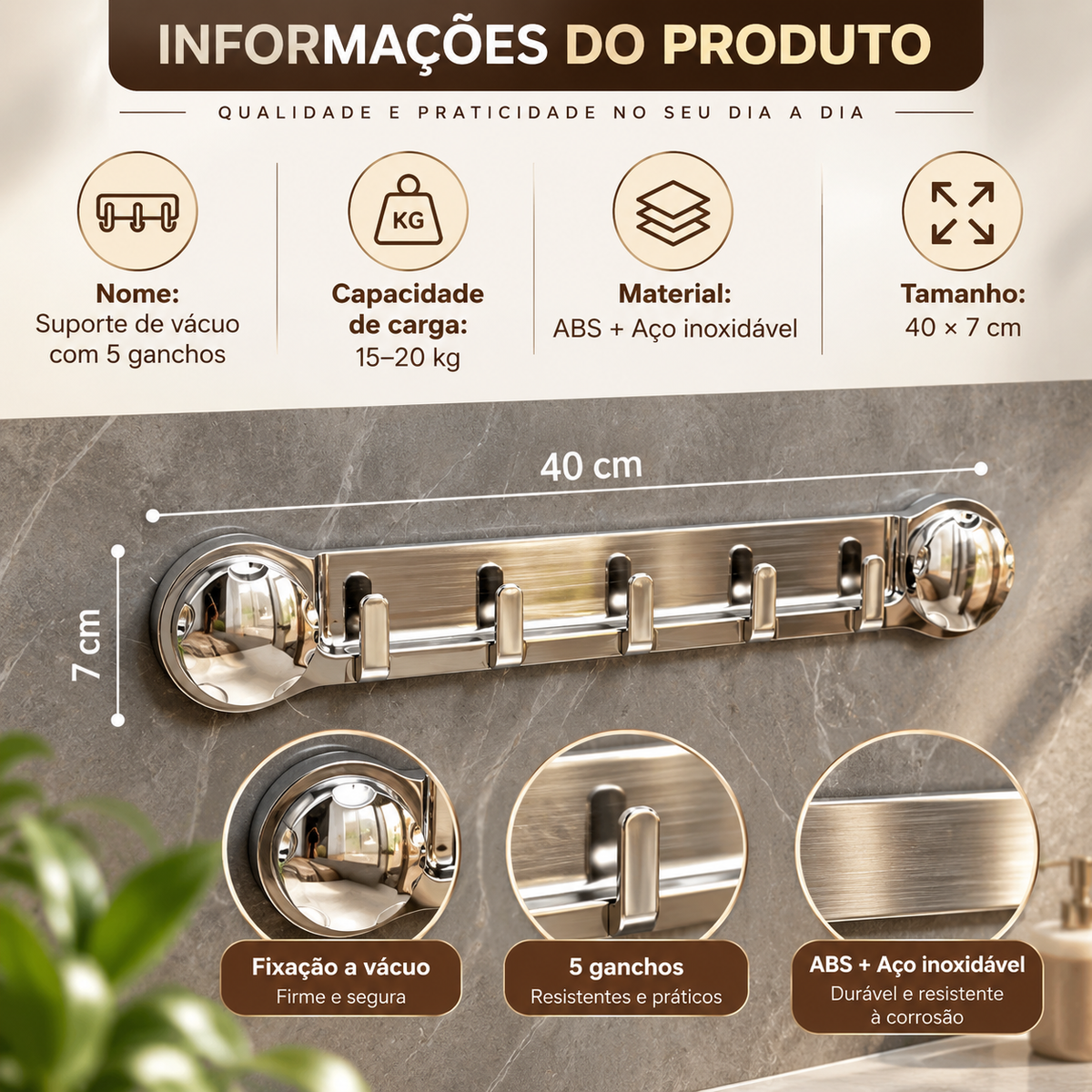 [🎁 70% DE DESCONTO] Suportes de aço inoxidável com 5 ganchos, práticos e capazes de suportar até 20 kg.