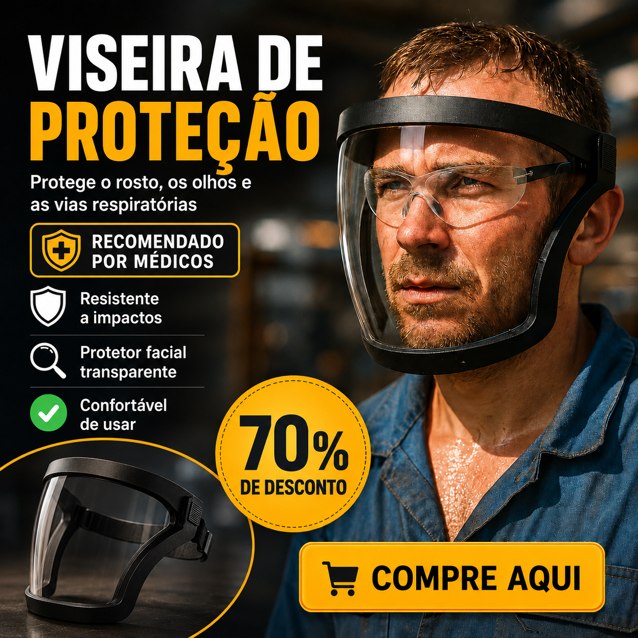 ⚡ A viseira protege o rosto, os olhos e as vias respiratórias durante o trabalho