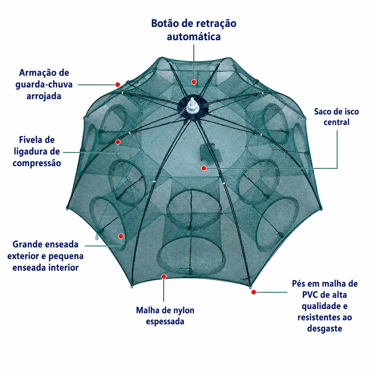 ✨Rede armadilha de pesca dobrável 96 cm | 16 entradas | Água doce