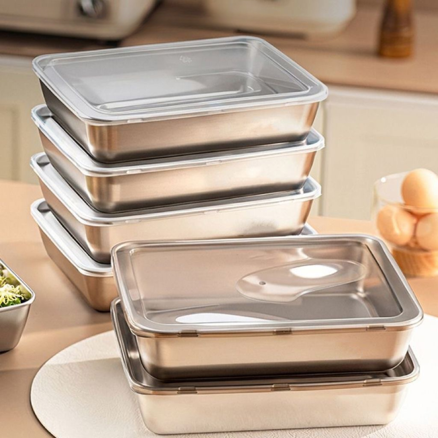 🇵🇹 (6 + 3 GRÁTIS) Recipiente em aço inoxidável 304 para alimentos (25 x 20 x 6 cm)