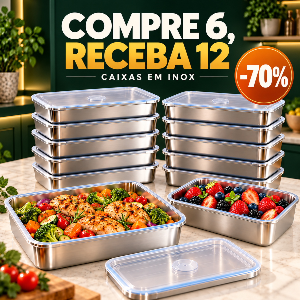 🎁 70% OFF - PACK 12 | Caixa Hermética em Aço Inoxidável 304