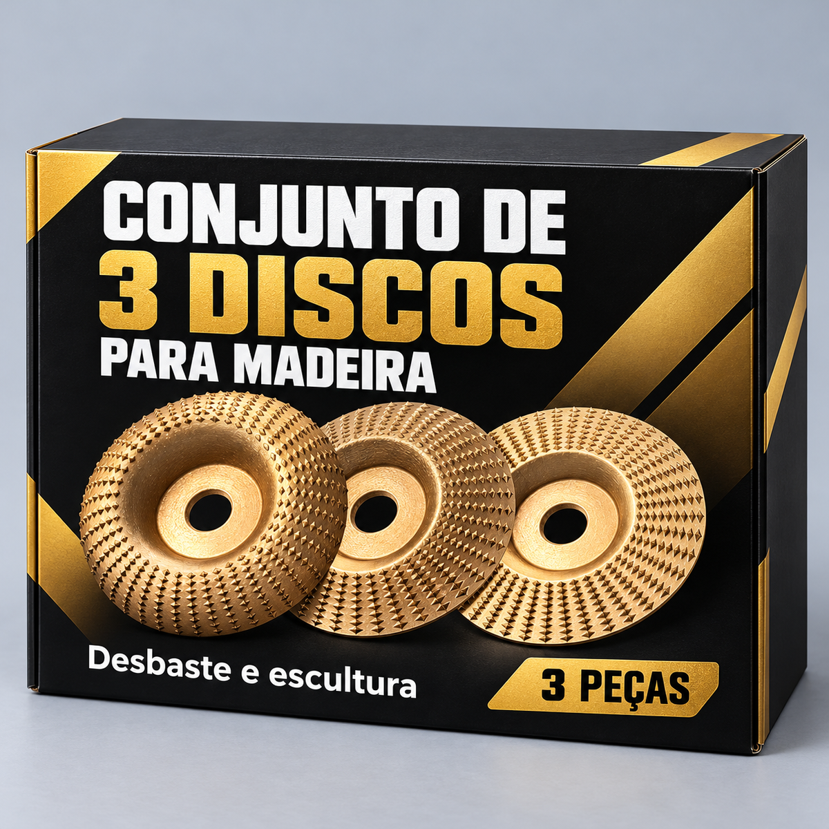 ⭐ Conjunto 3 Discos de Escultura em Madeira para Rebarbadora – Aço Carbono | Plano, Curvo, Chanfrado