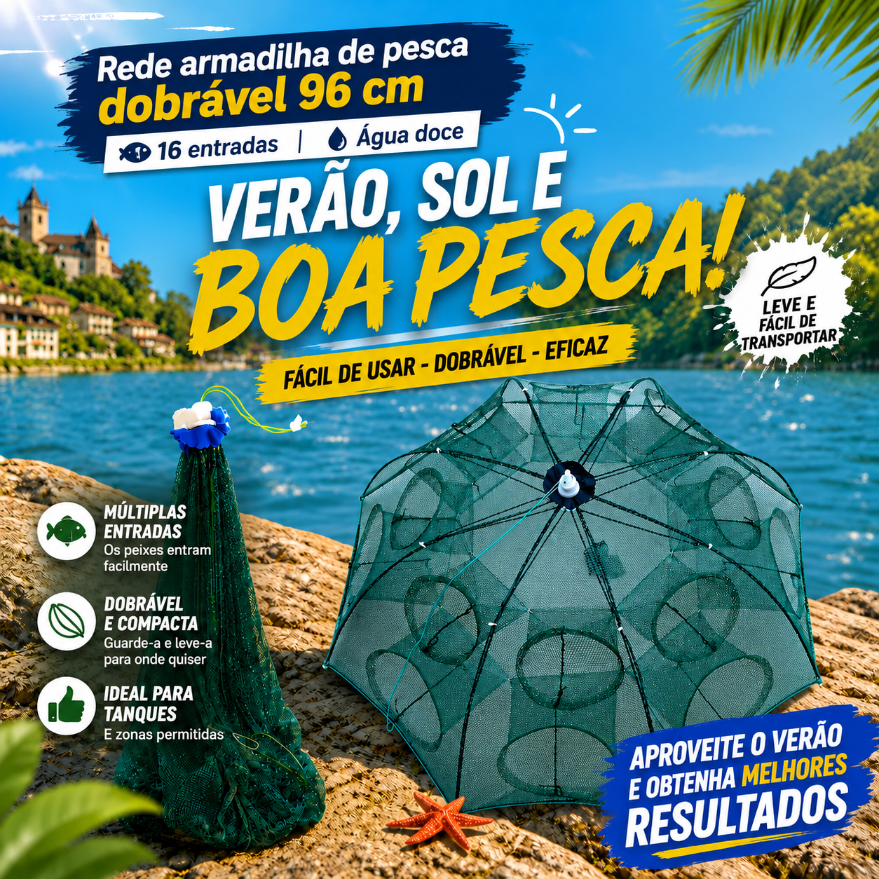 ✨Rede armadilha de pesca dobrável 96 cm | 16 entradas | Água doce