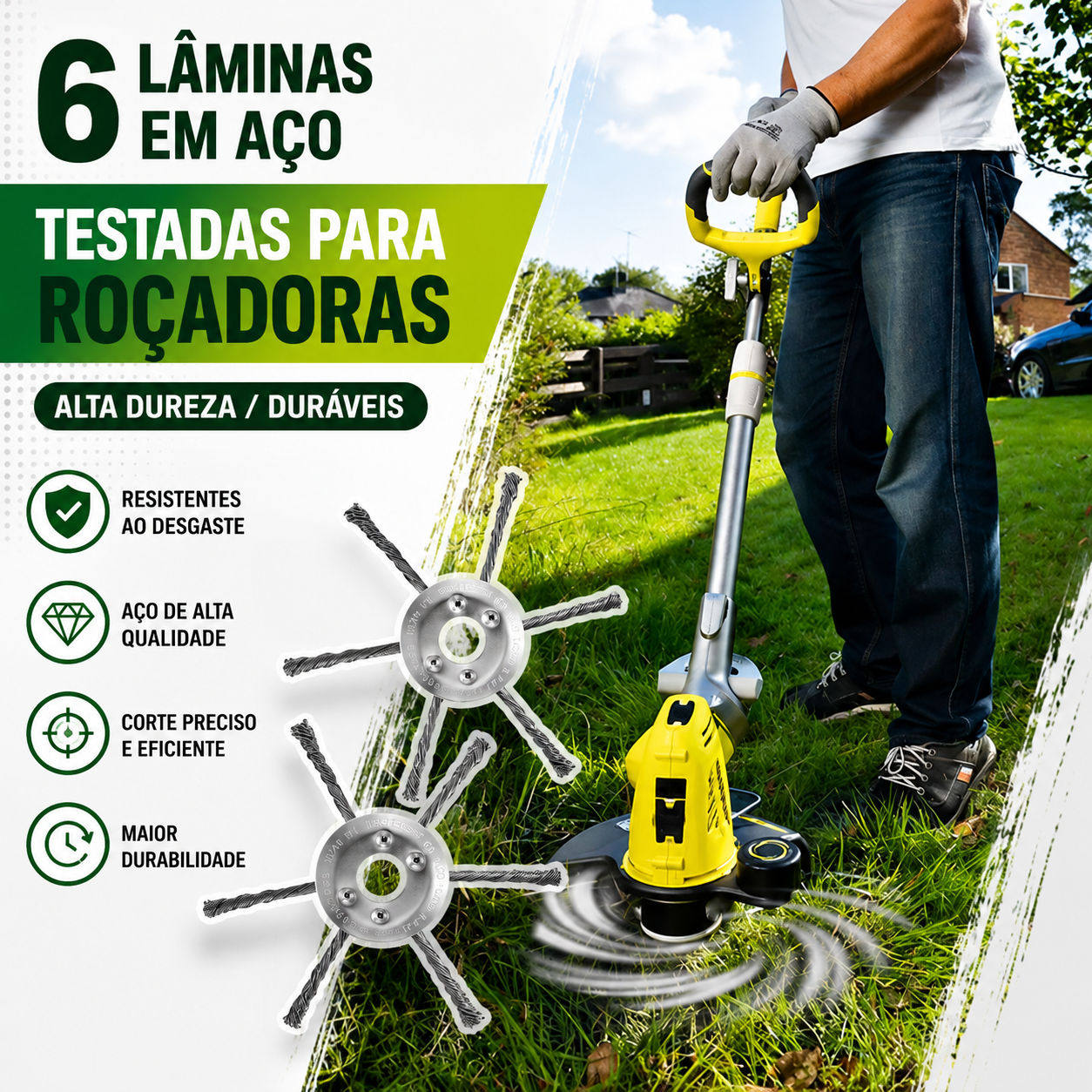 ✨A cabeça do cortador de relva possui 6 lâminas em aço inoxidável