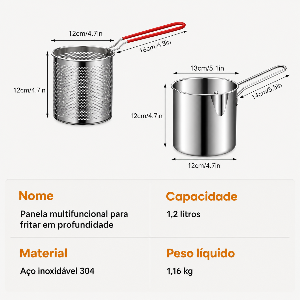 Fritadeira em aço inoxidável 1,2L — anti-salpicos, aquecimento rápido