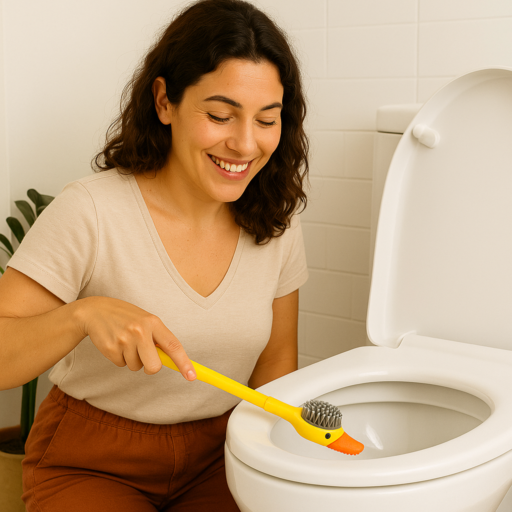 Conjunto de escova de banheiro com cabo longo em forma de pato, com suporte de parede sem necessidade de perfuração (LTT)