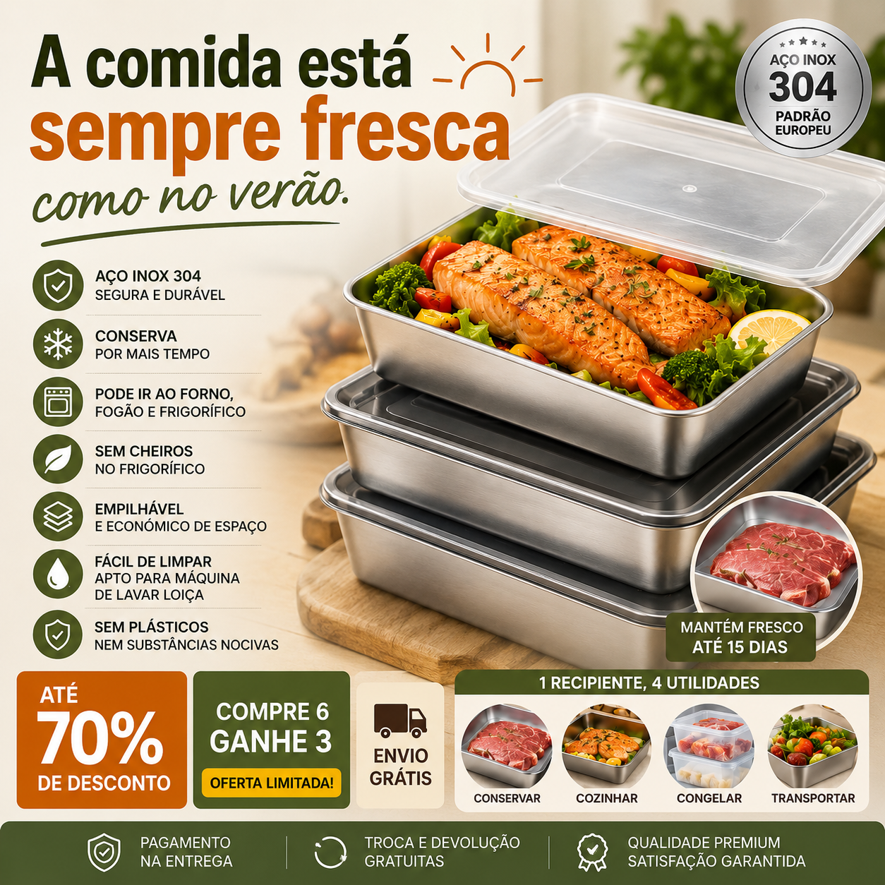 🥗 Recipiente em aço inoxidável 304 para alimentos (25 x 20 x 6 cm)