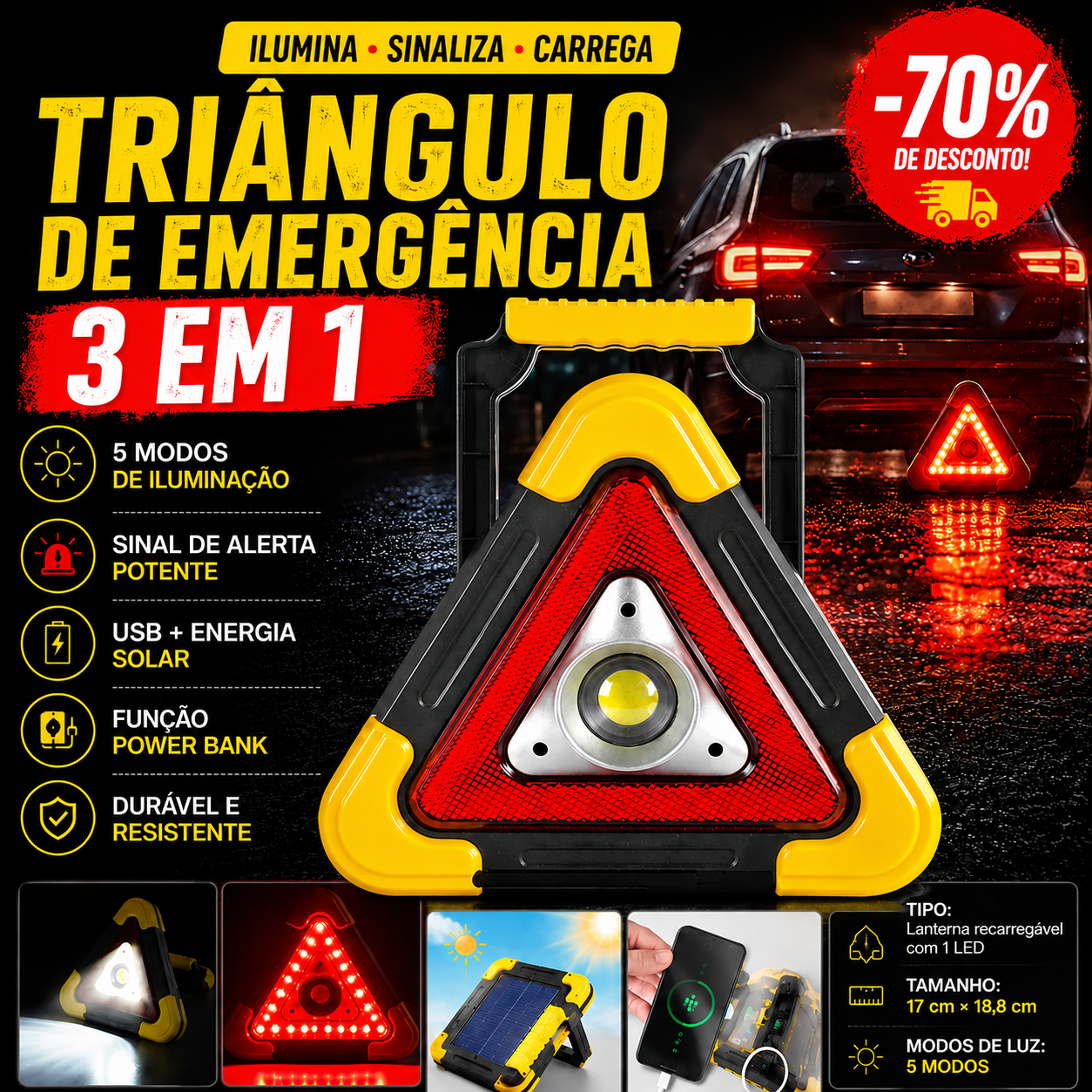 ✨(SUPER OFERTA) Triângulo De Emergência Para Automóvel Com Luz LED Integrada