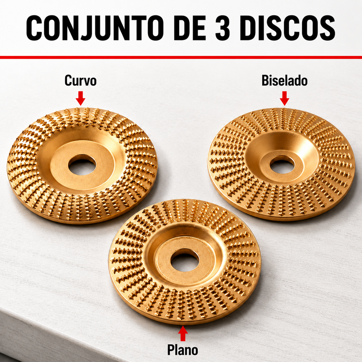 Conjunto de 3 Discos Abrasivos para Madeira – Desbaste, Modelagem e Acabamento